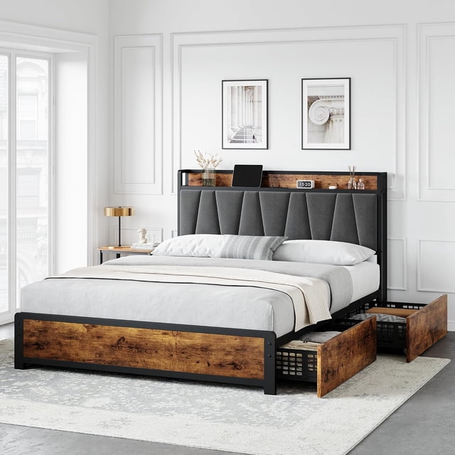 Ourlova Queen Size Bed Frame with Storage Linen Upholstered Headboard 4 Drawers Platform Bed Frame with Charging Station No Box Spring Needed Easy Assembly Vintage Brown