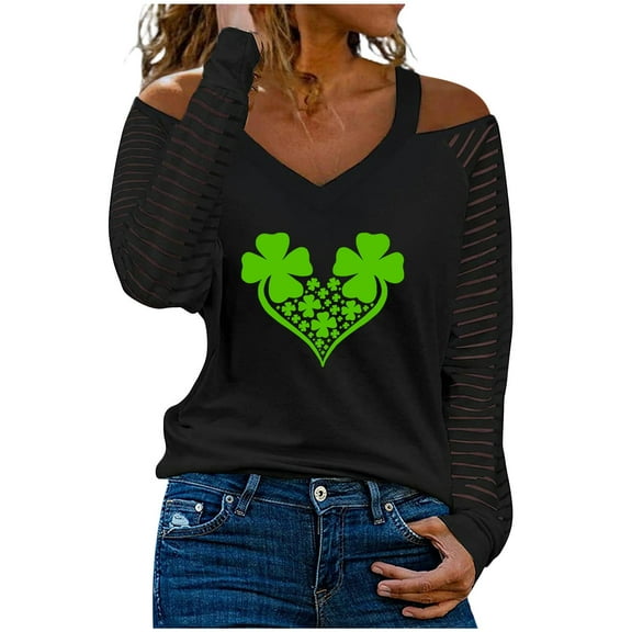 nochalofo St. Patrick's Day Sweatshirt for Women, Long Sleeve V Neck Plus Size off the Shoulder T Shirt, St Pa Tricks Shirt Women Cold Green Irish Cute Heart Graphic Tees 2024, 3XL