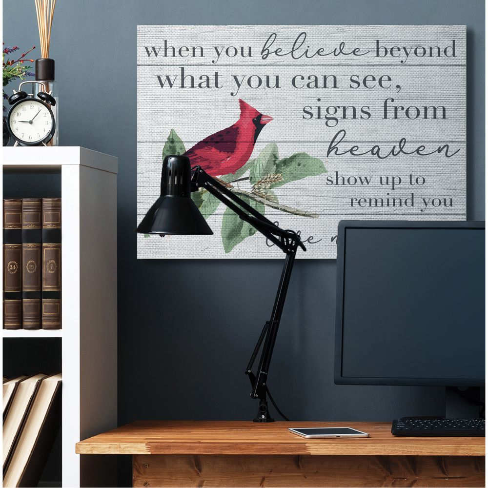 Believe Love Never Dies Inspirational Cardinal Bird Word Design Super Oversized Stretched Canvas Wall Art by Daphne Polselli