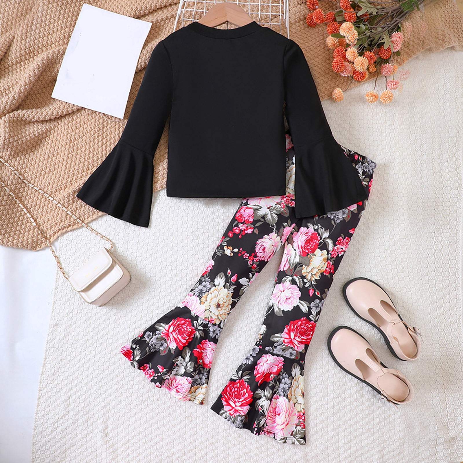 nsendm Big Kid childrenscostume Dress Pants for Teen Girls Toddler Girls Long Sleeve Black Tops and Floral Print Pants 2PCS Outfits Baby Band Girls