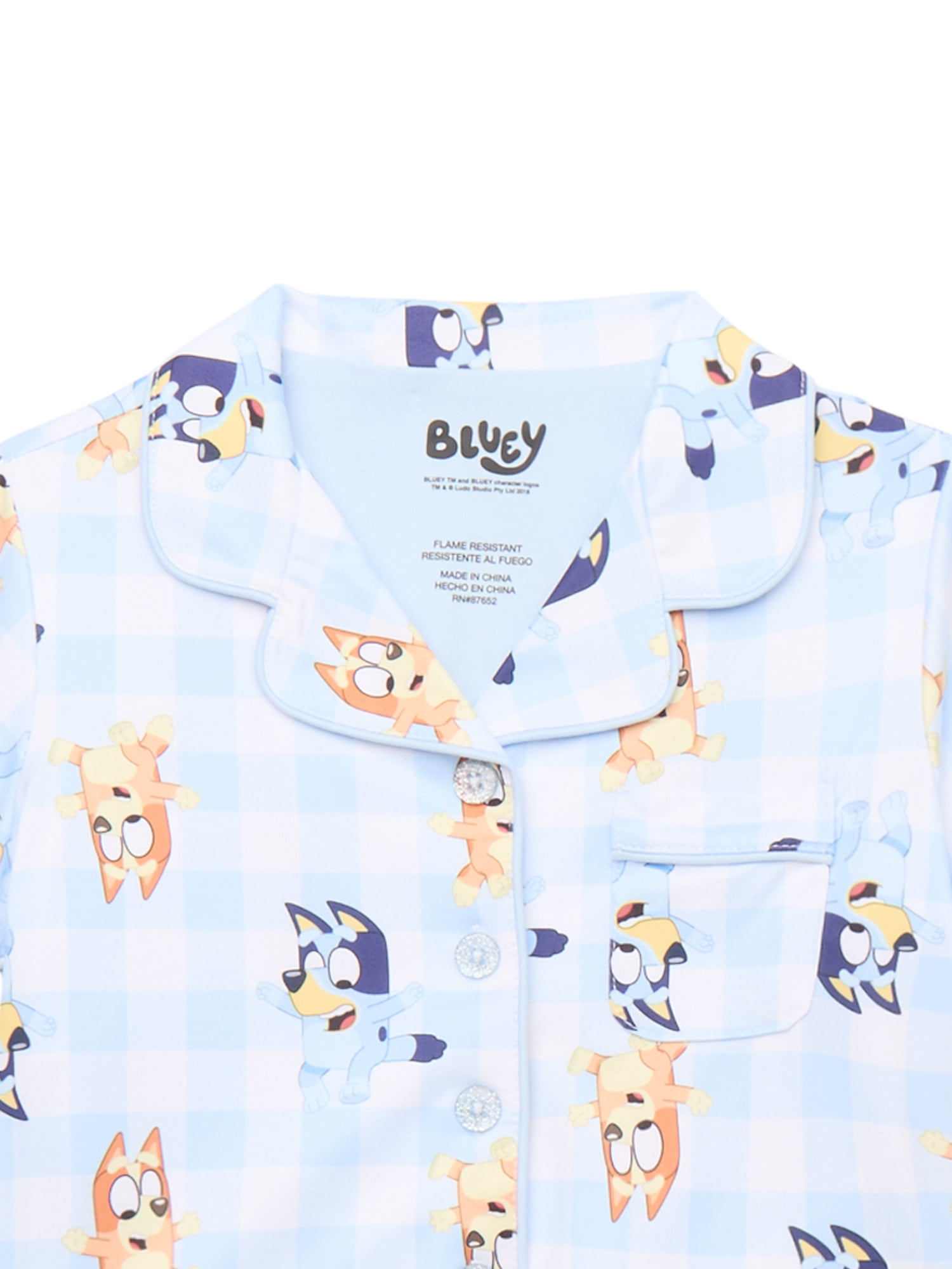 Bluey Girls Short Sleeve Button Down Top with Shorts, 2-Piece Pajama Set, Sizes 4-12