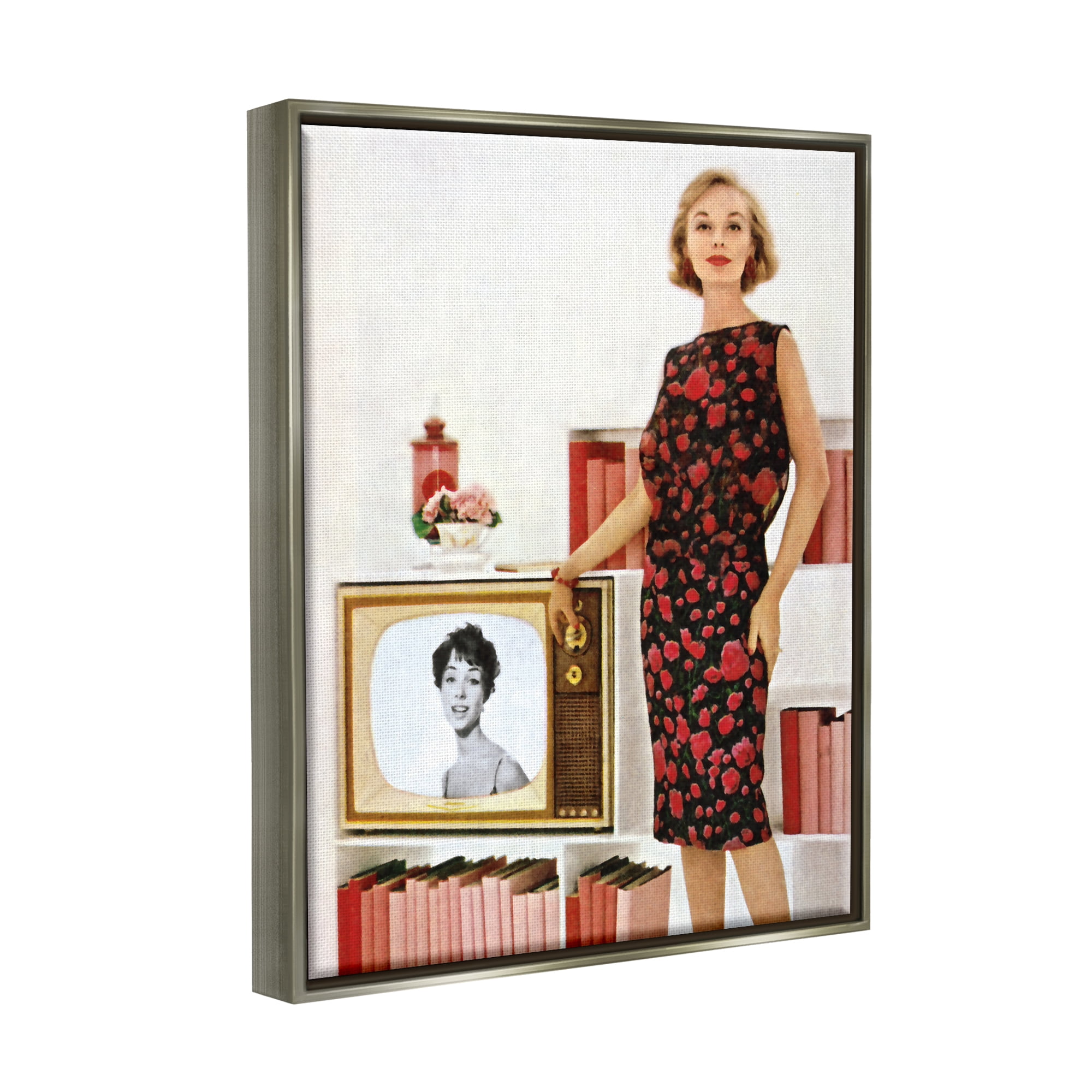 Stupell Industries Vintage TV Advertisement Woman Beauty & Fashion Painting Gray Floater Framed Art Print Wall Art