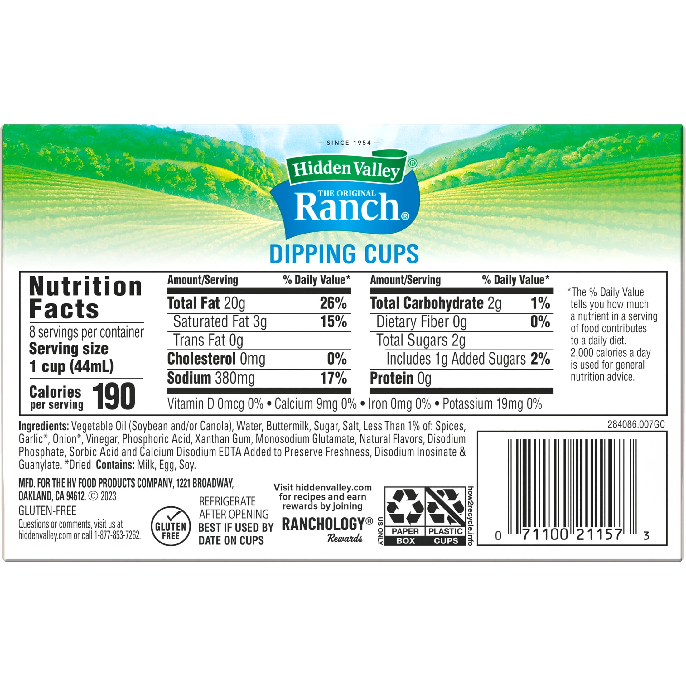 (8 Pack) Hidden Valley Ranch Dip Sauce Salad Dressing, Condiment & Topping, 1.5 fl oz To-Go Cups