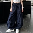 thumbnail image 4 of vdgthytj Girls Cargo Pants Fashion Baggy Wide Leg Drawstring Elastic Streetwear Fall Casual Outdoor Travel Trousers with Multi Pockets(9-10 Years,Navy), 4 of 8