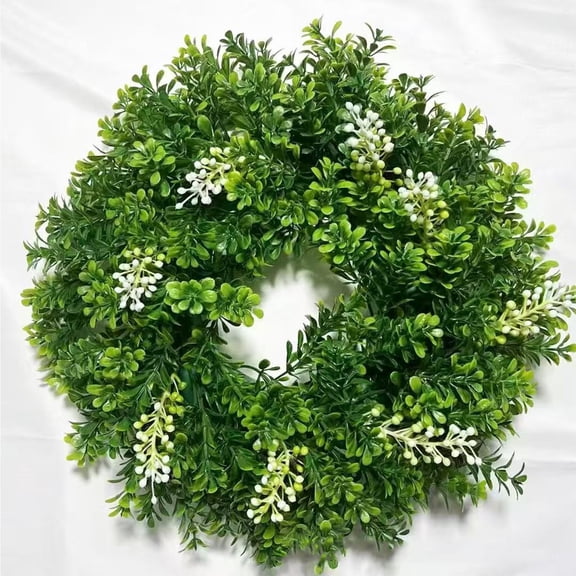 Artificial Boxwood Wreath 15.75inch - Realistic Faux Greenery & Yellow Flowers,UV Resistant Hanging Decor for Spring Party Farmhouse Indoor Outdoor Home Decor