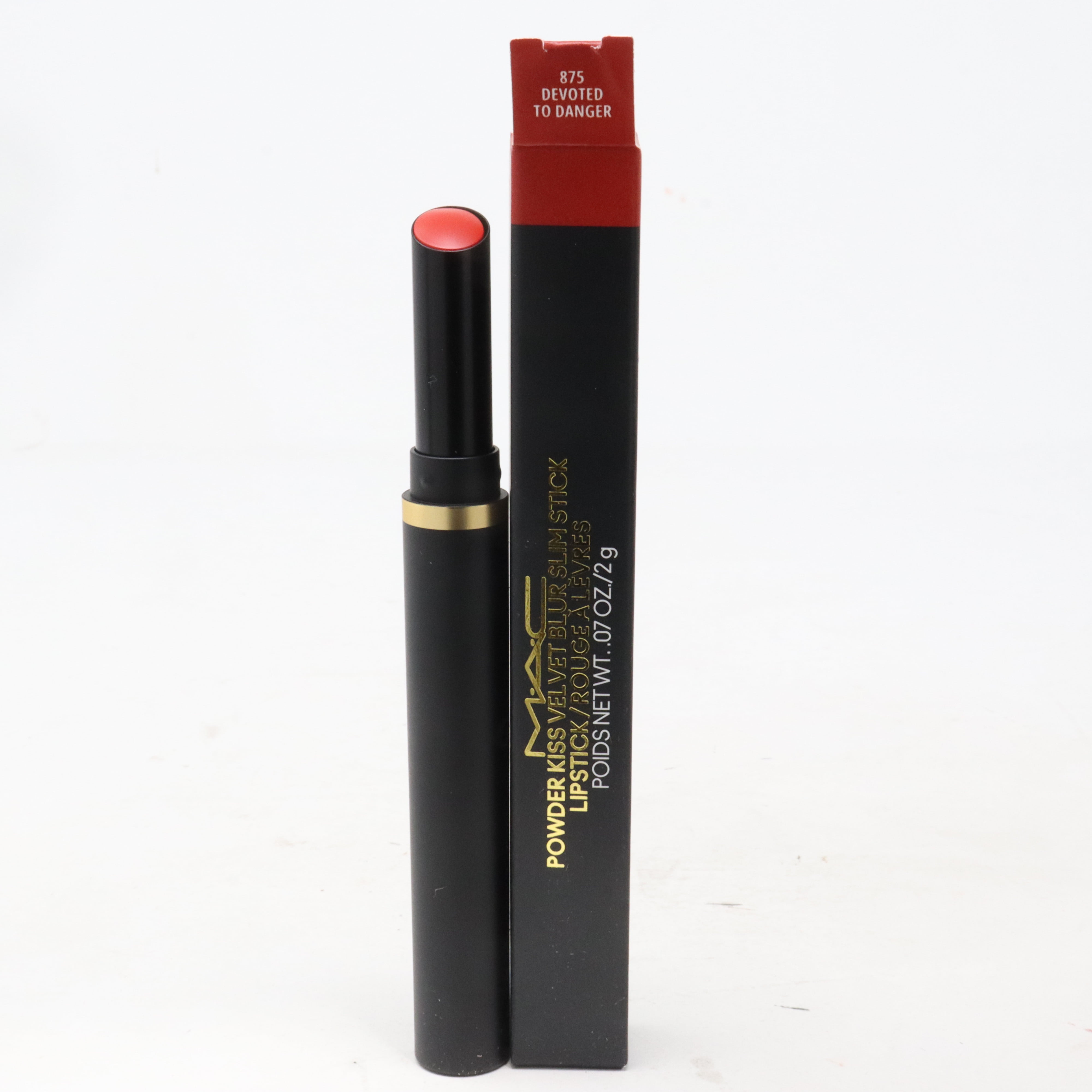 MAC Powder Kiss Velvet Blur Slim Lipstick - Devote To Danger (bright orange red)