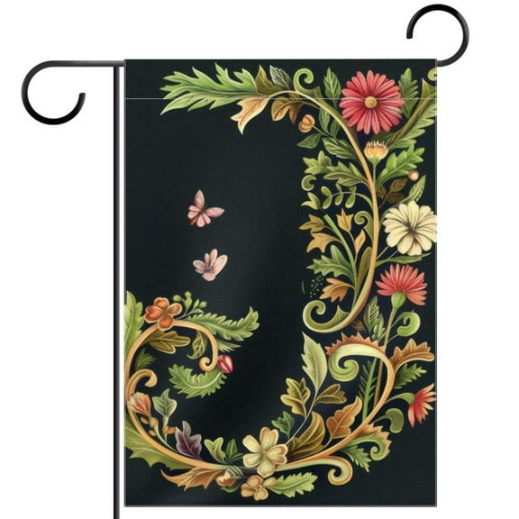 Letter J with Flowers Leaves Black Background Decorative Garden Flag for All Seasons, 12 x 18 Inch Small Vertical Double Sided Outside Decoration for Yard Farmhouse