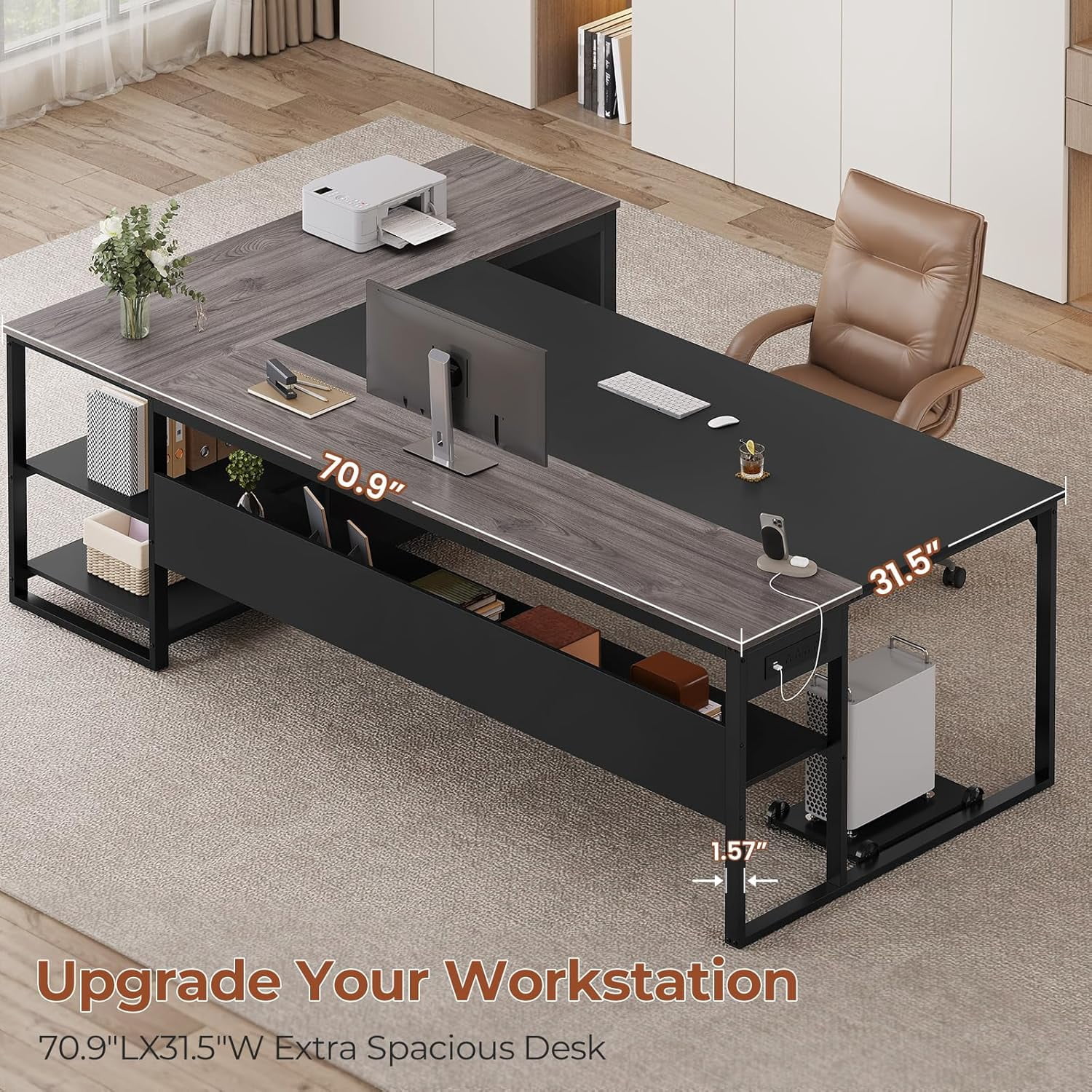 71" L Shaped Executive Desk, Large Office Desk with Widen File Drawers and Power Outlets, Reversible Computer Desk Corner Desk with Storage Shelves, Gray