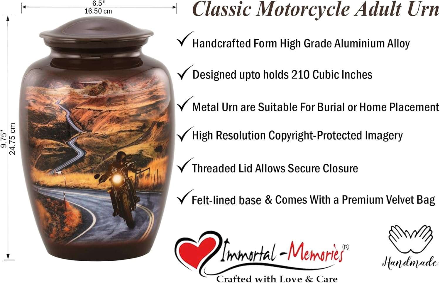 Motorcycle Adult Cremation Urn for Human Ashes – Highway to Heaven Brown Aluminum Memorial Urn, Large 210 Cubic Inch Capacity with Velvet Bag