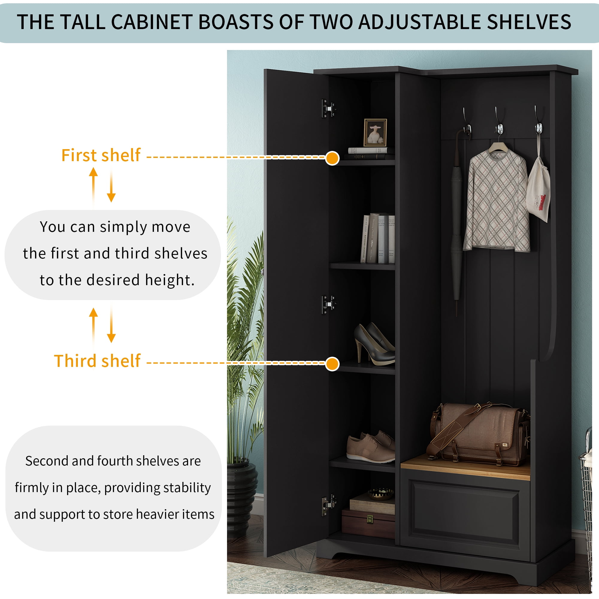 Leumius Hall Tree with Flip-Up Bench, Minimalist Hallway Shoe Cabinet with Adjustable Shelves, Multifunctional Furniture with Hanging Hooks for Entryways, Mudroom, Black