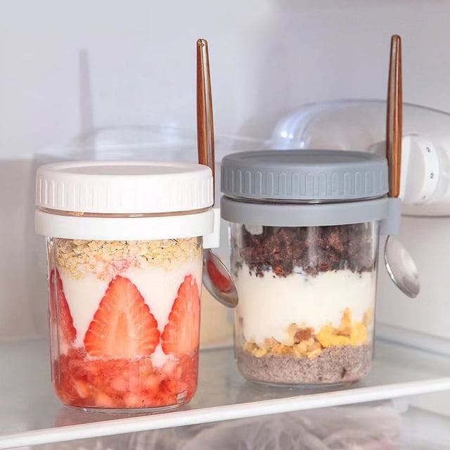 Taza de avena durante la noche, taza de desayuno de 350 ml con cuchara, frasco de vidrio portátil para ensalada, taza de yogur, compartimento sellado