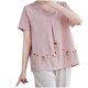 thumbnail image 2 of Fiudx Liquidación de Ahorros de Verano Camiseta de Manga Corta con Cuello Redondo para Mujer, Top/Camisa de Algodón y Lino de Color Liso con Estampado de Cuello Redondo, Novedad de Verano, 2 of 4