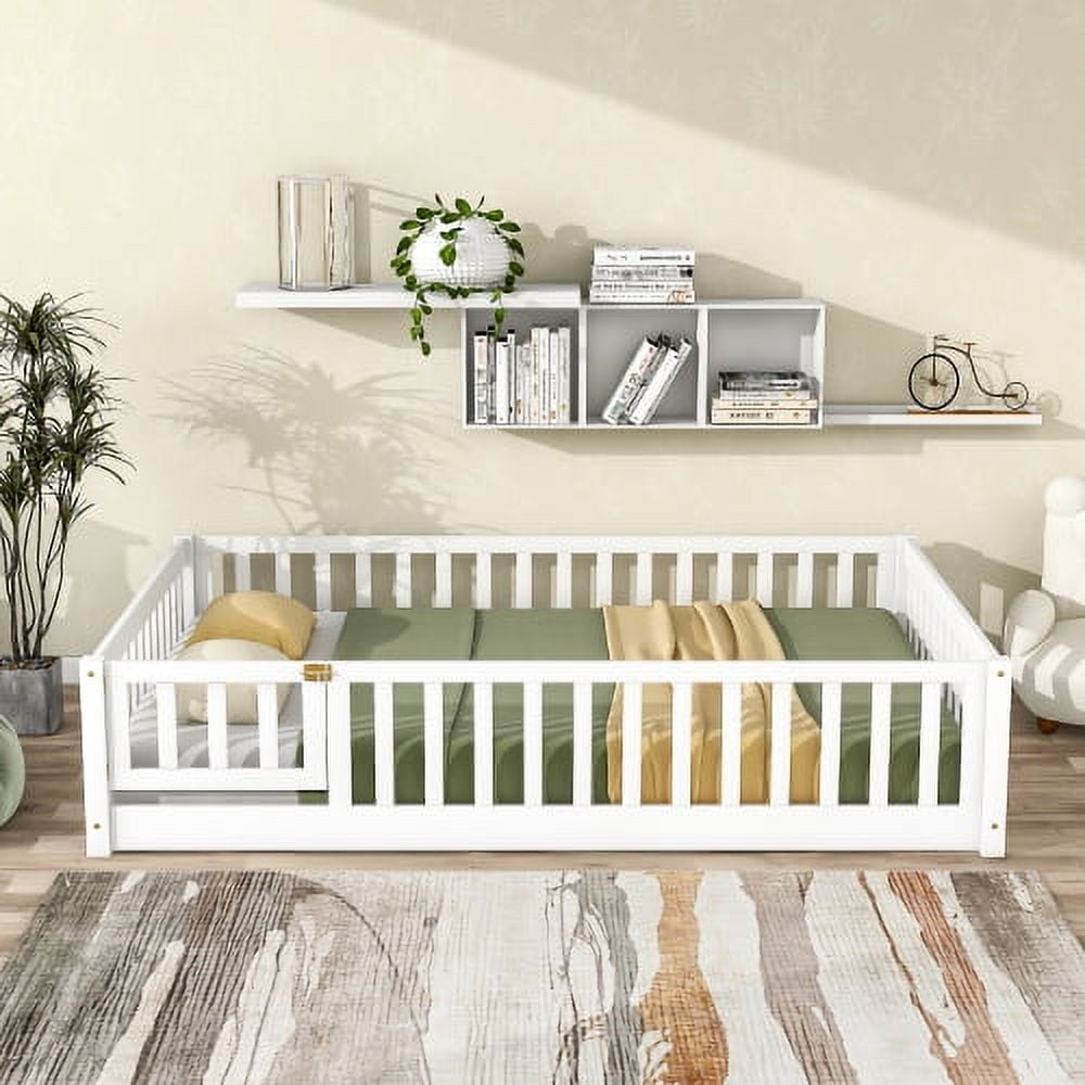 Full Size Floor Bed for Kids, Wooden Full Bed Frame with Fence Guardrails & Support Slats & Revolving Door Design, Montessori Style, Full Playhouse Bed with for Toddler, Boys ,Girls, White