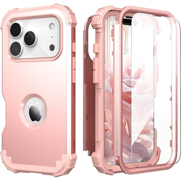 wonima11 IDweel for iPhone 17 Pro Max Case with Screen Protector for Women, 3 in 1 Shockproof Slim Fit Hybrid Heavy Duty Hard PC Cover Soft Silicone Bumper Full Body Anti-Fingerprint Case, Rose Gold