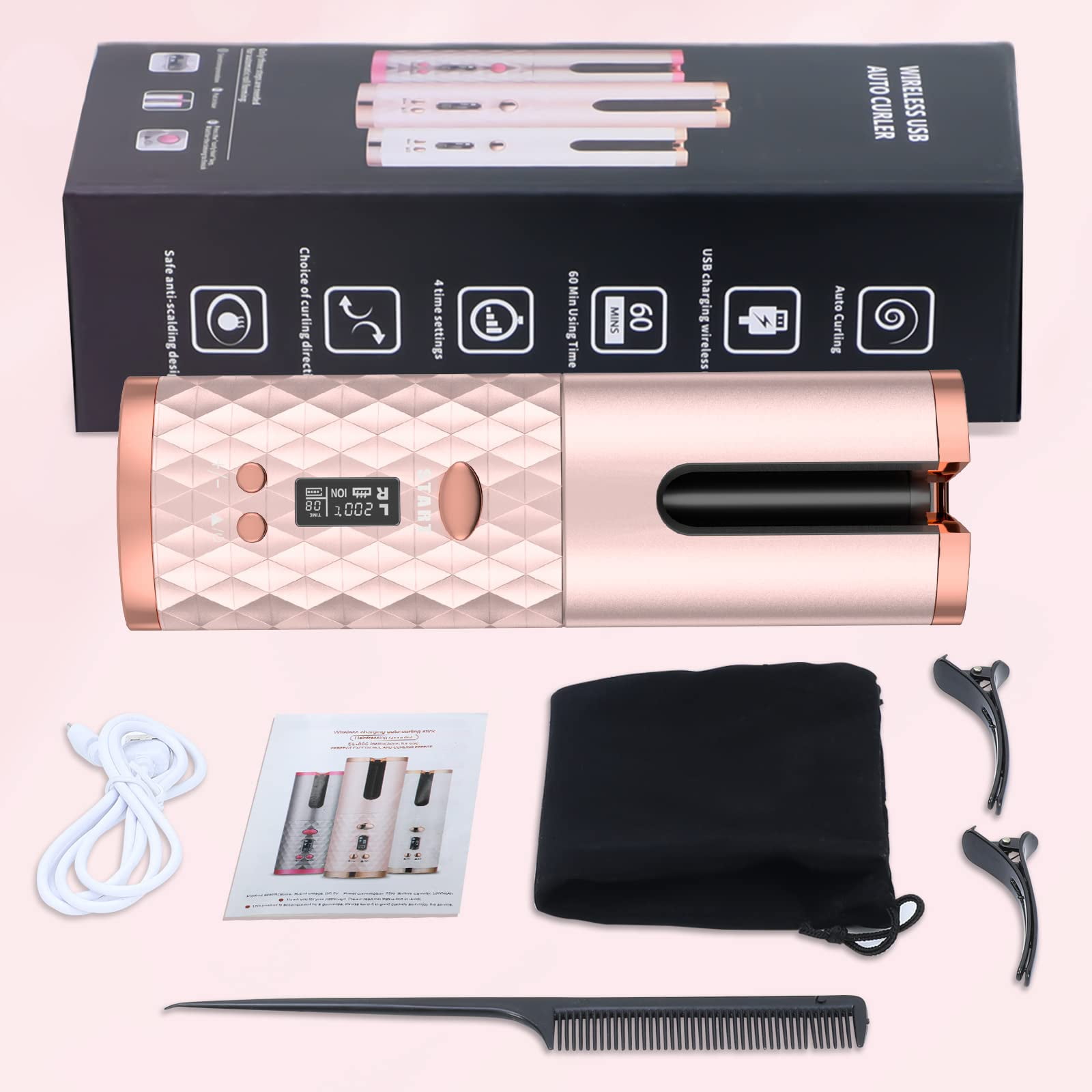 Automatic Curling Iron, Emlimny Cordless Hair Curlers with Adjustable Temps & Timers, Ceramic Barrel Auto Wave Wand, Portable Rotating Curling Wand Hair Styling Tool for Travel
