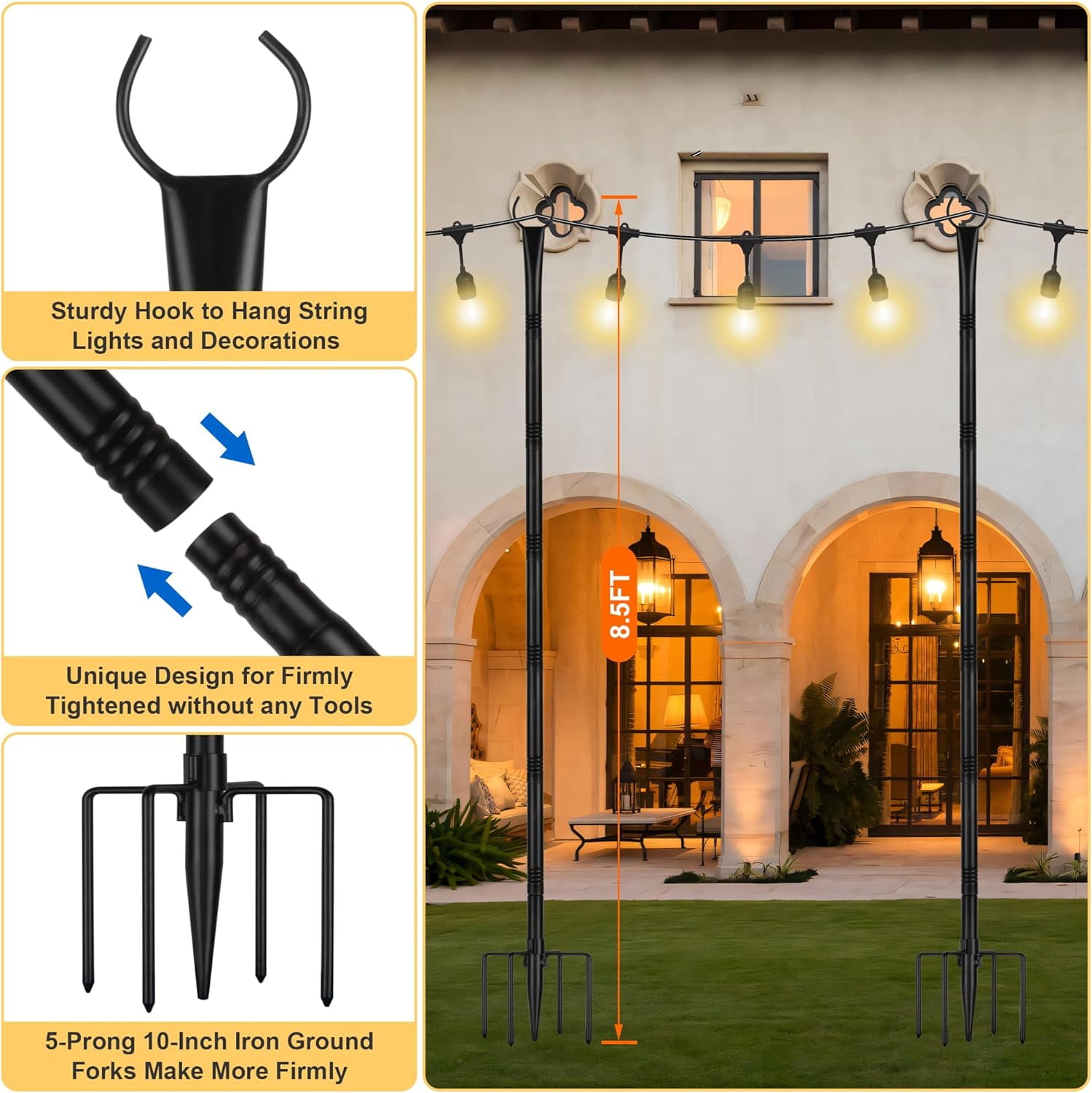 Suchtale String Light Poles with Hooks, 4 Pack 8.5FT Metal Light Pole for Outdoor String Lights with 5-Prong Fork for Garden, Patio, Wedding Party, Outdoor Light Stand Holder for Christmas Deck Black