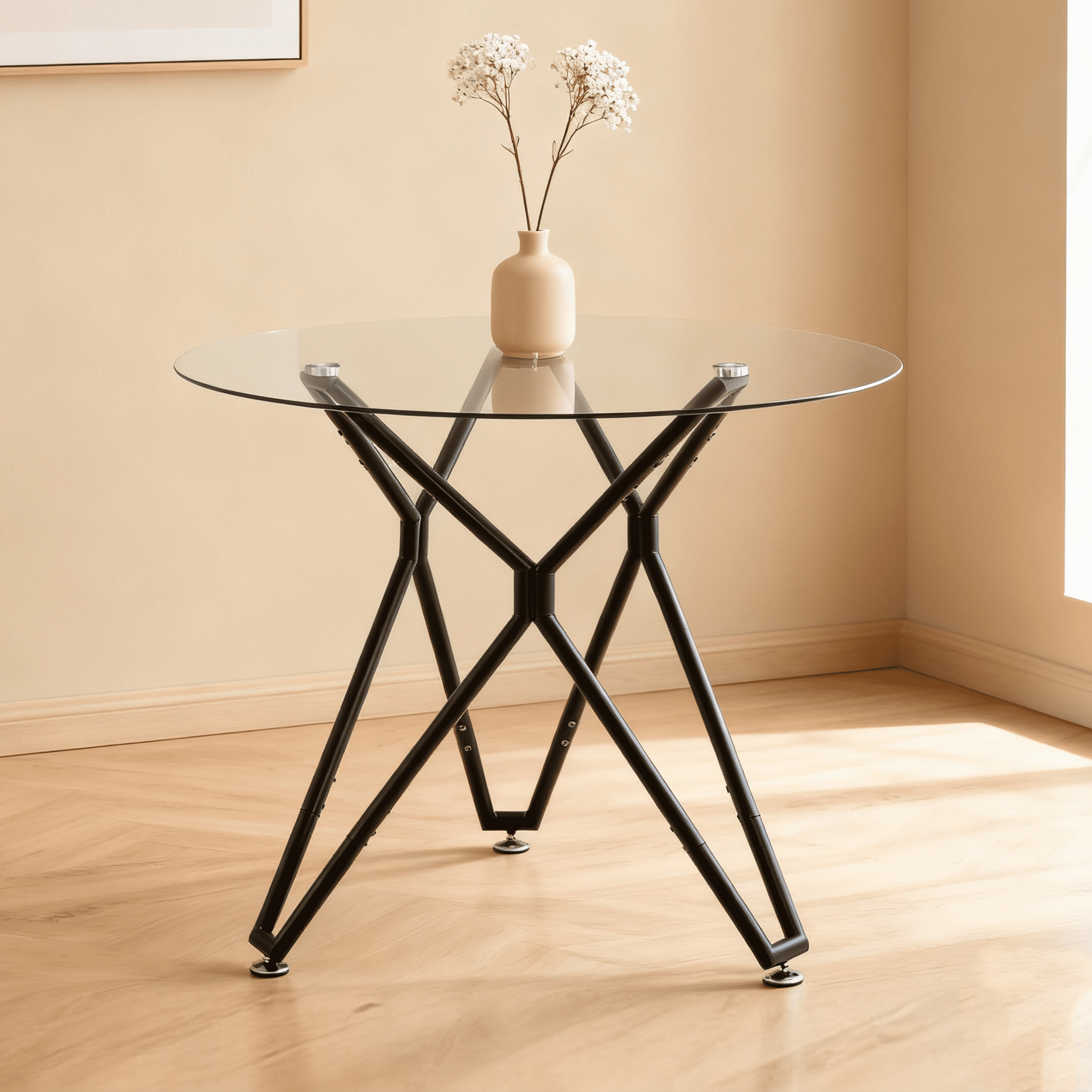 Dining Table with Round Tempered Glass Top 35.4 Inch, Space-Saving Kitchen Table and Bistro Table with Sturdy Metal Legs for 1-4 People, Black
