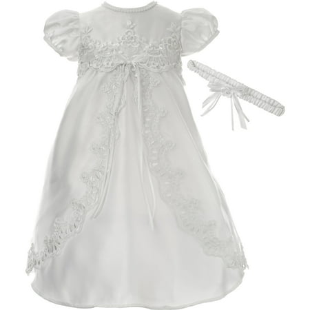 Floral Embroidered Organza Dress - Newborn Baby Girl Organza Embroidered Split Front Christening Dress & Floral Headband