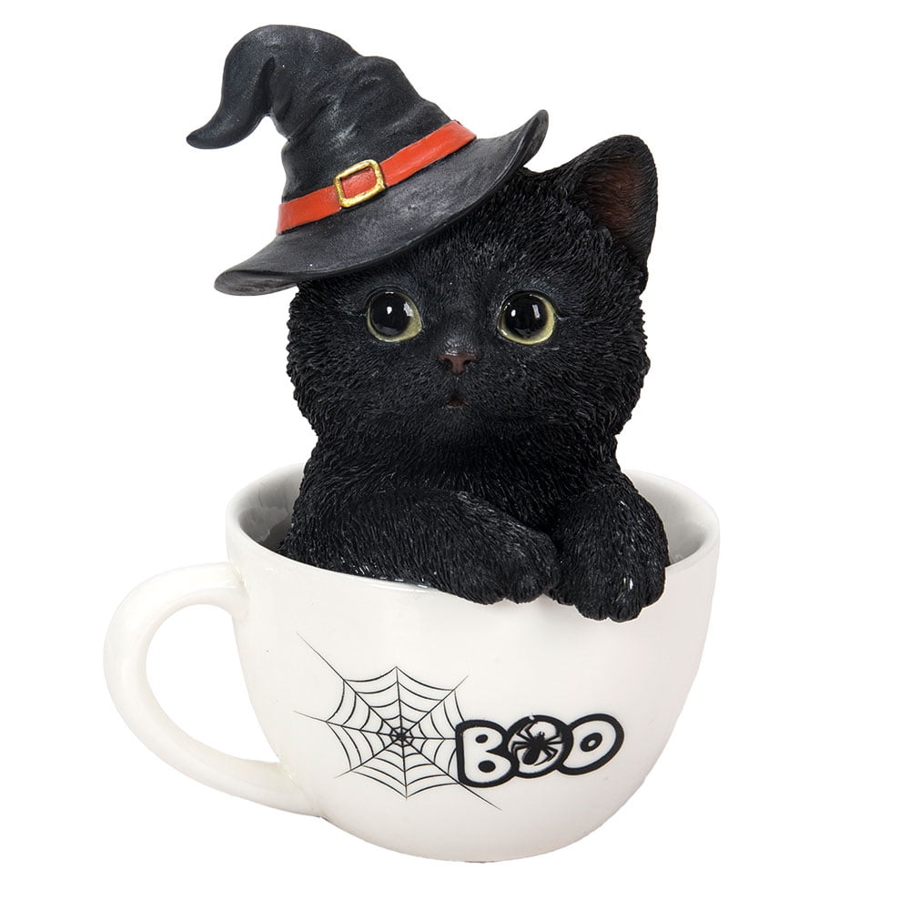 Halloween Witches's Black Kitten Cat in Tea Cup Collectible Figurine