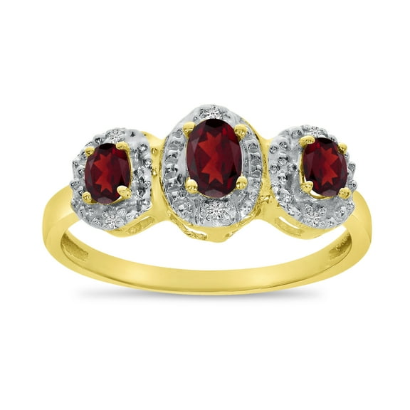 14k Yellow Gold Oval Garnet And Diamond Three Stone Ring