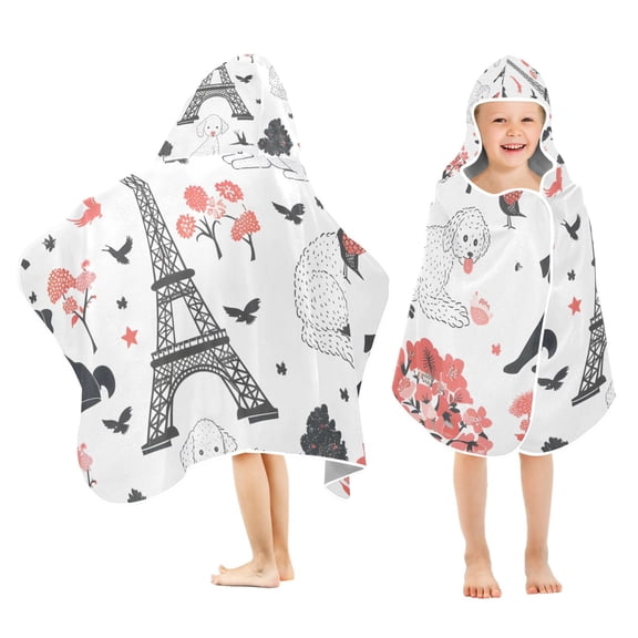 Paris and Poodle Dog Flower Kids Hooded Beach Towel Baby Bath Poncho Towels with Hood Absorbent 50"x23.5" for Pool Swimming