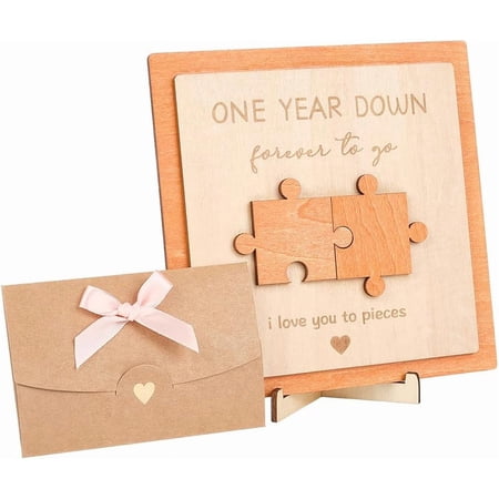 1 Year Anniversary Plaque Wood Anniversary Card Wooden Puzzle Piece Romantic Personalized Envelope Base Ornament Sign Sets for Men Women Couple Wedding Gifts Home Desktop Decoration Coral