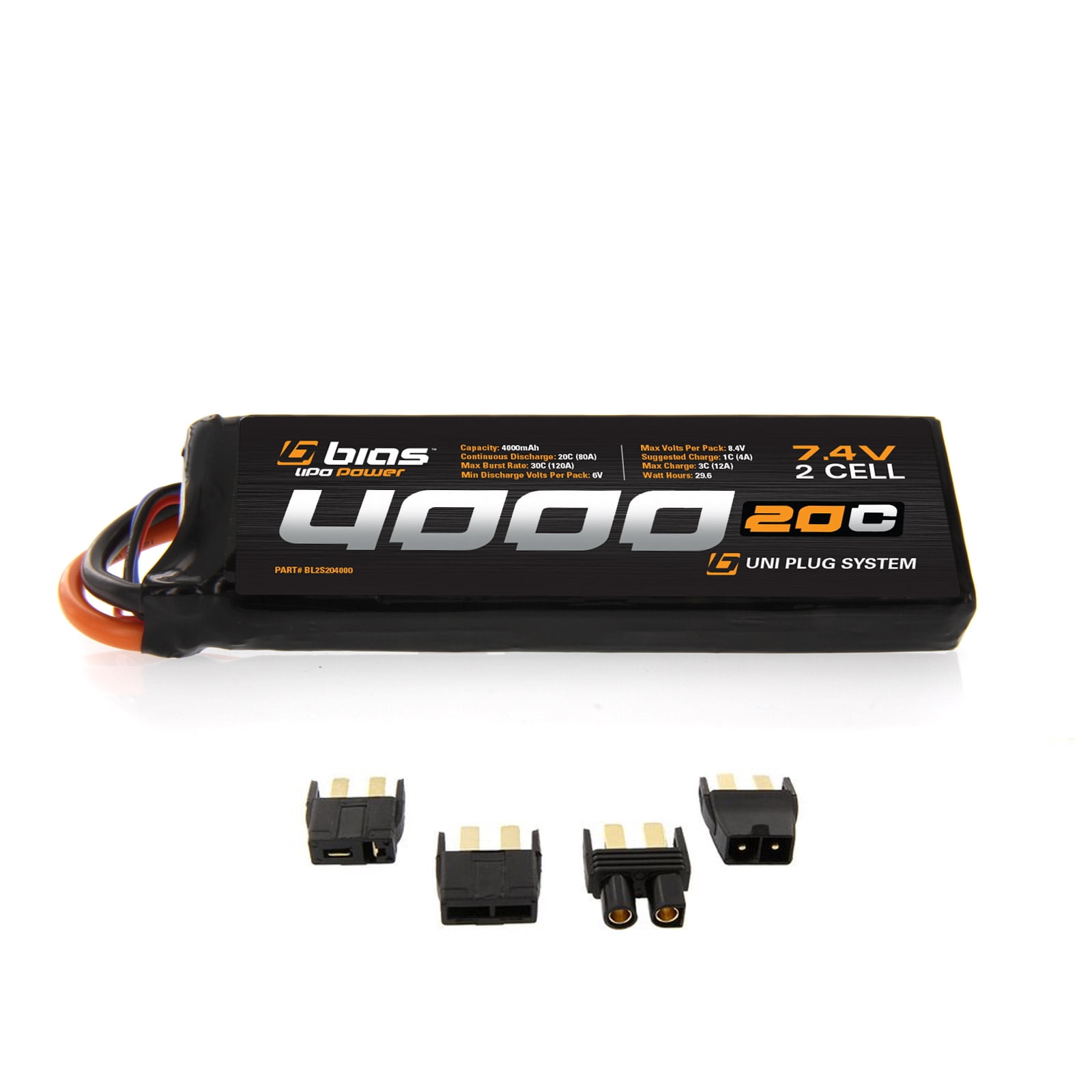 Bias LiPo Battery for Traxxas Stampede 1:10 20C 7.4 4000mah 2S with UNI Plug - Walmart.com