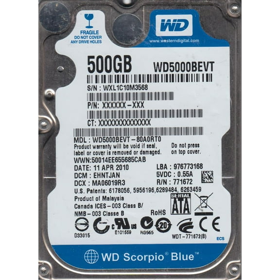 WD5000BEVT-80A0RT0, DCM EHNTJAN, Western Digital 500GB SATA 2.5 Hard Drive