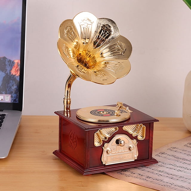 Gramophone Music Box, Clockwork Music Box, Mechanism Music Box Gramophone for Home Table Desk Decorations, Antique Style Prop for Living Room, Bedroom, Office