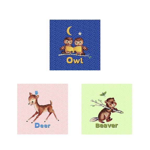 Great Art Now Cute Baby Owls, Deer & Beaver by Tina Lavoie 3 Piece Print Art Set Each 12W x 12H