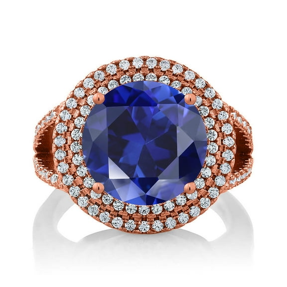 Gem Stone King 7.56 Ct Round Blue Simulated Sapphire 18K Rose Gold Plated Silver Ring (Size 6)