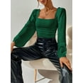 thumbnail image 6 of Women'S Square Neck Long Sleeve Crop Tops Puff Sleeve Ruched Blouse Green S, 6 of 8
