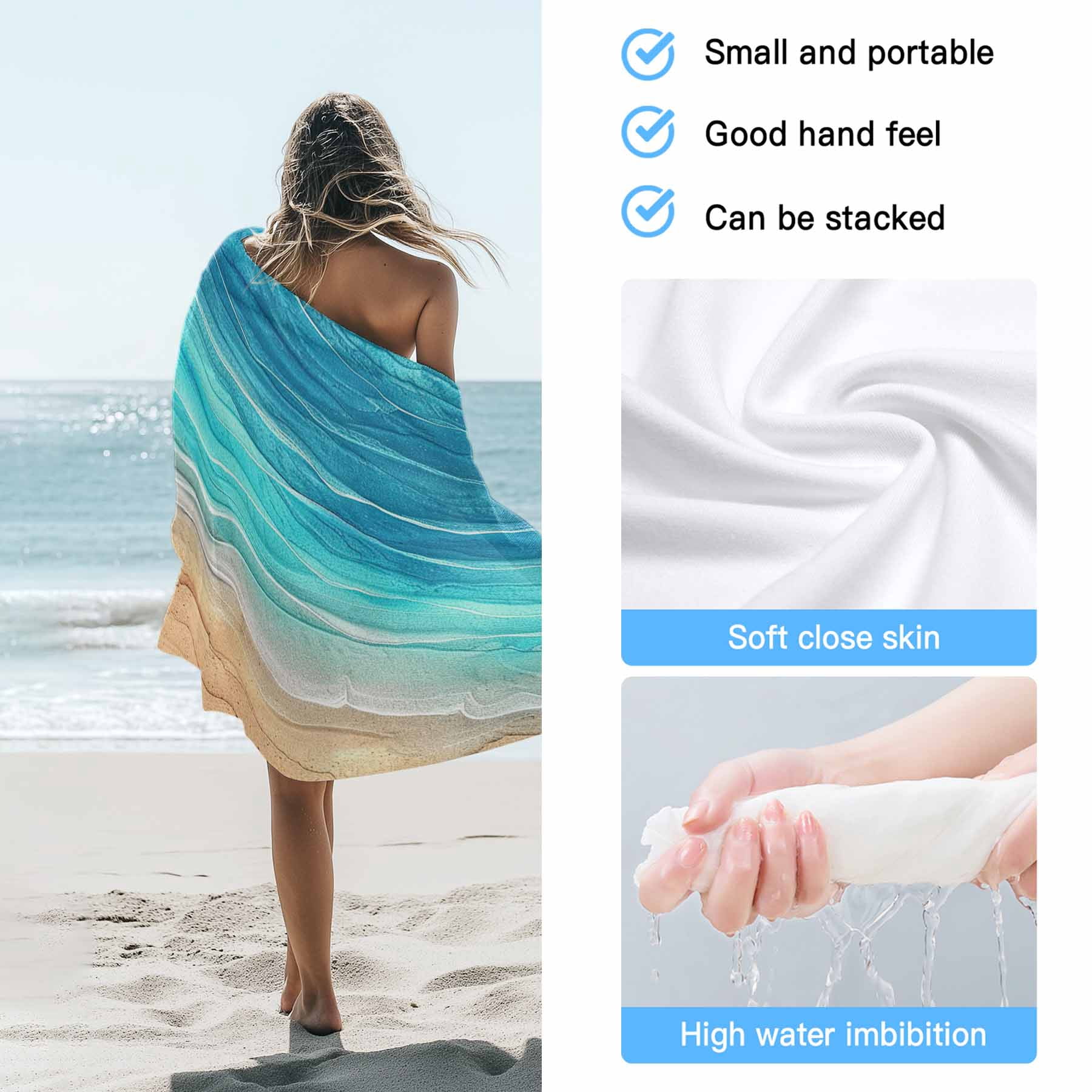 Turquoise Coastal Beach Beach Towels Blanket Soft&Absorbent Quick Dry Microfiber Vintage Gradients Ocean Waves Pool Towels for Swimming ,Yoga, Sports, Gym, Camping,Large 35X70in,