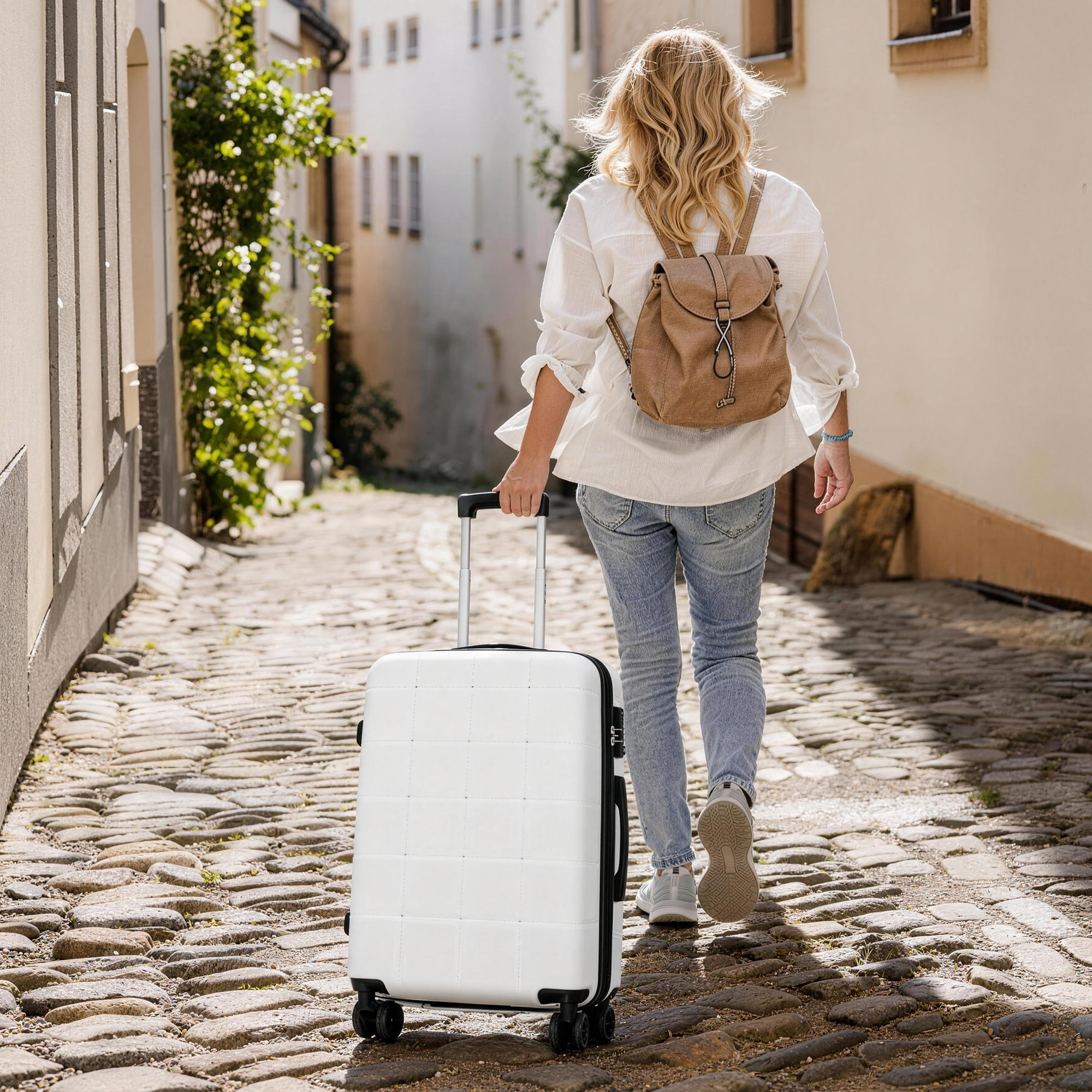Euroco Luggage Sets 5 Piece, ABS Hardside Expandable Suitcase Set with TSA Lock Spinner Wheels and 2 Bags,20" Half-opening Carry on Luggage with USB Port for Travel,White(20"/24"/28")