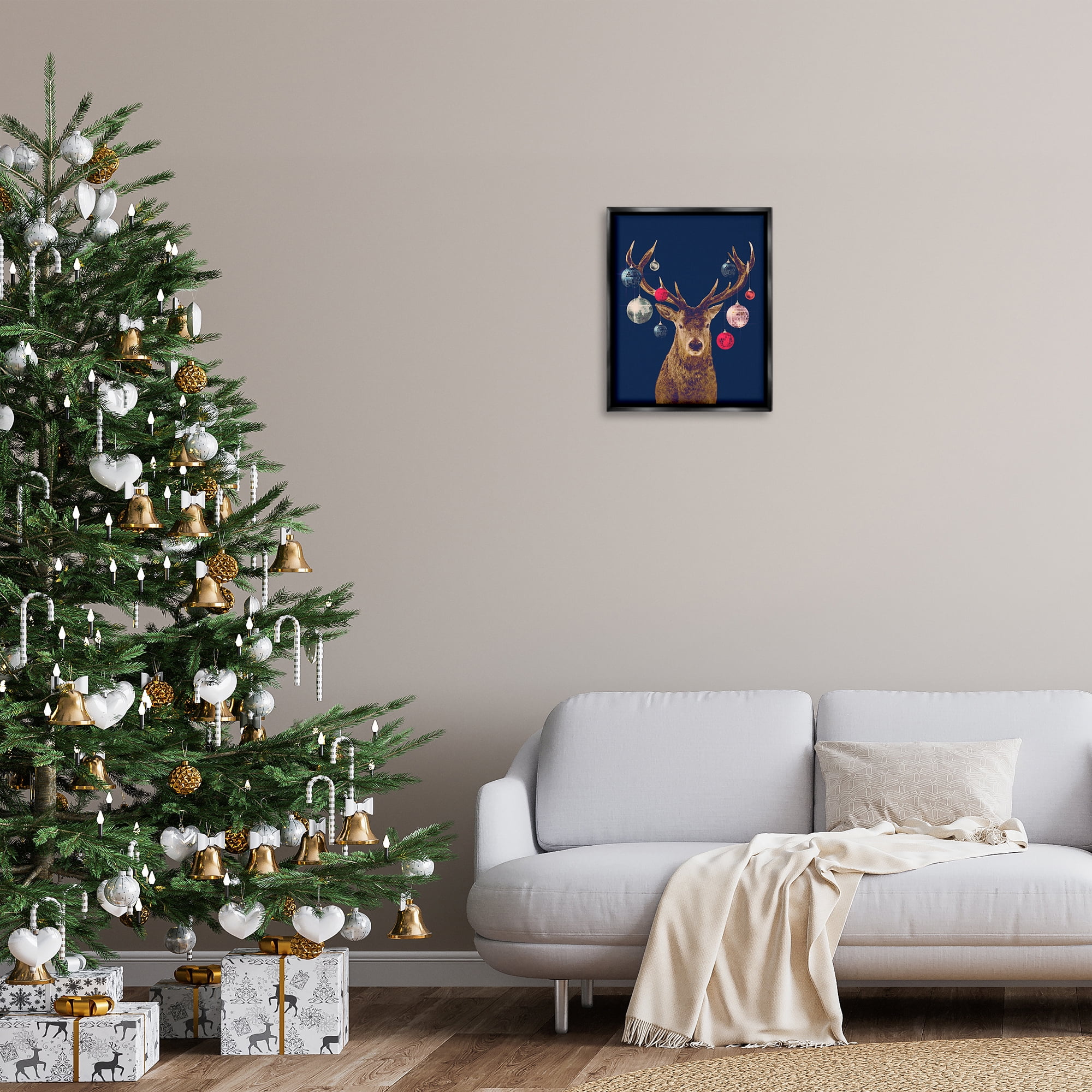 Stupell Industries Deer & Shining Ornaments Holiday Painting Black Floater Framed Art Print Wall Art, 17 x 21