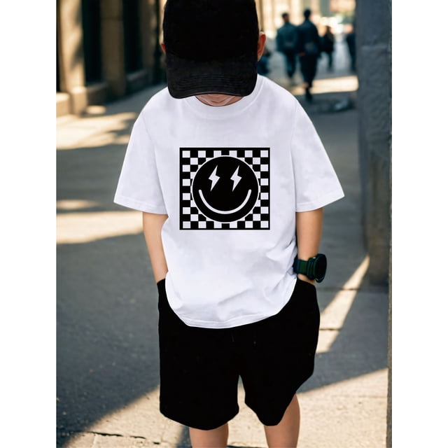 Boys' White Mosaic Checkered Graphic T-Shirt – Lightning Bolt Design, Casual Summer Tee for Teens, Perfect for Casual Attire, School, Travel & Outdoor Activities, Teen Boy Clothes
