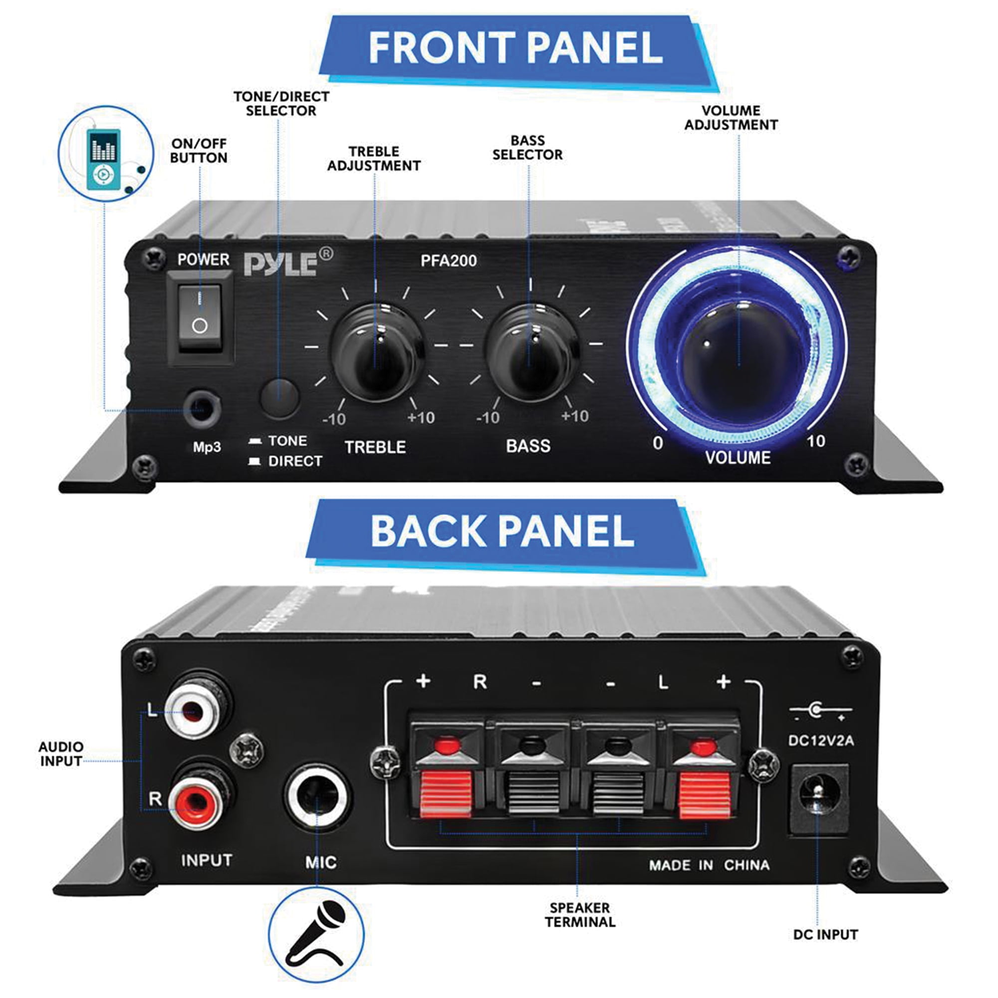 PYLE PFA200 - Home Mini Audio Amplifier - 60W Portable Dual Channel Surround Sound HiFi Stereo Receiver w/ 12V AC Adapter, AUX, MIC IN, Supports Smart Phone, iPhone, iPod, MP3 For 2-8ohm Speakers