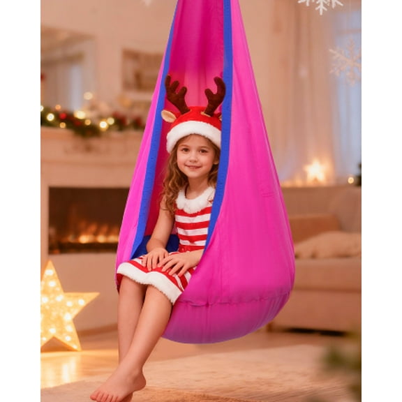 Kids Pod Swing Seat, Hanging Hammock Chair Swing with Inflatable Pillow, Sensory Swing for Indoor and Outdoor Use（Pink）