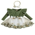 thumbnail image 1 of POINTERTECK Bébé Bébé Filles Robe Romper Fleurs Broderie Manches Longues Maille Dentelle Combinaisons Bandeau, 1 of 9