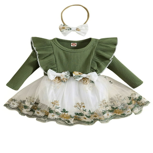 MesaSe Barboteuse-Robe pour Bébés Filles, Fleurs Brodées, Manches Longues, Combinaison en Maille et Dentelle, Bandeau
