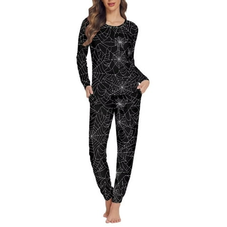 

STUOARTE Holiday Pajamas for Women Matching Set Pjs Spider Web Sleepshirts Top and Pants with Pockets Relaxed Super Soft Long Sleeve Scoop Neck Nightwear Size 5XL