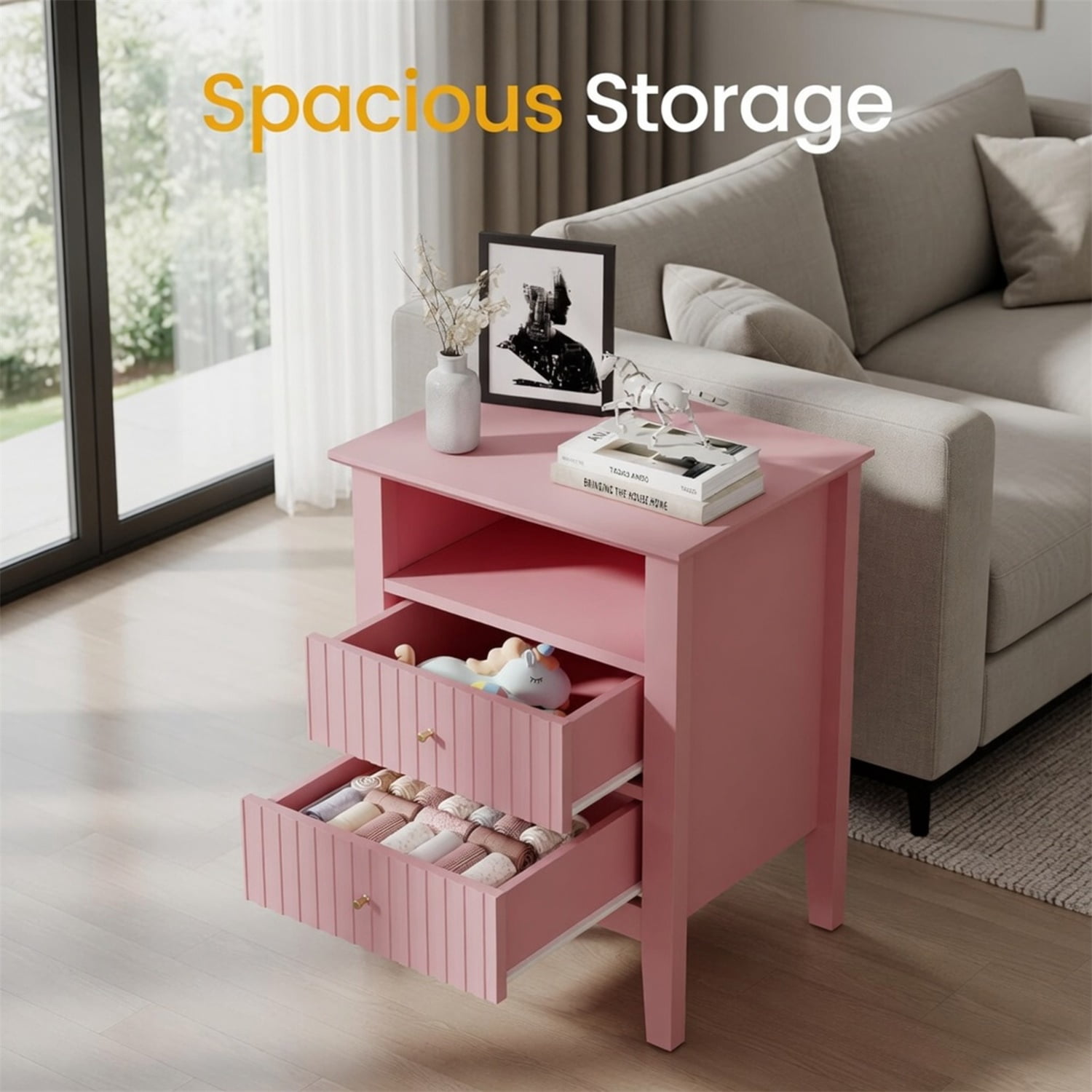 Hommoo 18"W Wooden Fluted Nightstand with 2 Drawers & Open Shelf, Modern Bedroom Sofa Side Table, Pink