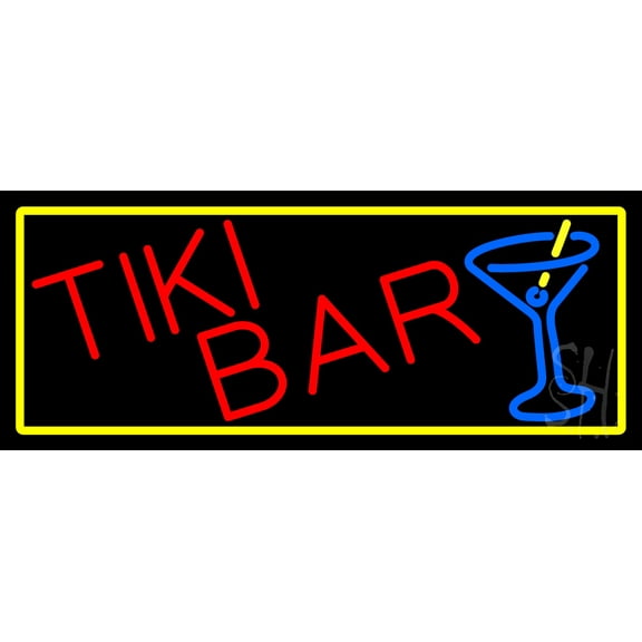 Tiki Bar Wine Glass With Yellow Border LED Neon Sign 10 x 24 - inches, Clear Edge Cut Acrylic Backing, with Dimmer - Bright and Premium built indoor LED Neon Sign for Bar decor.