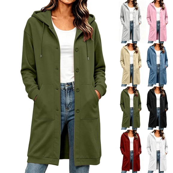 Mock Neck Sweatshirt for Women Drawstring Button Down Loose Long Sleeve Casual Solid Color Mid Length Hoodie Coat with Pockets L
