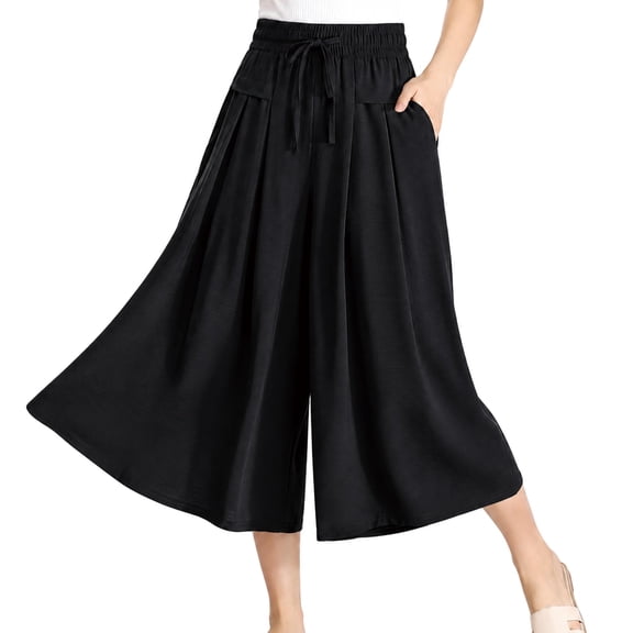 FlowCharm Pull-On Capri Culottes for Women, Drawstring Loose Fit Summer Wide Leg Pants