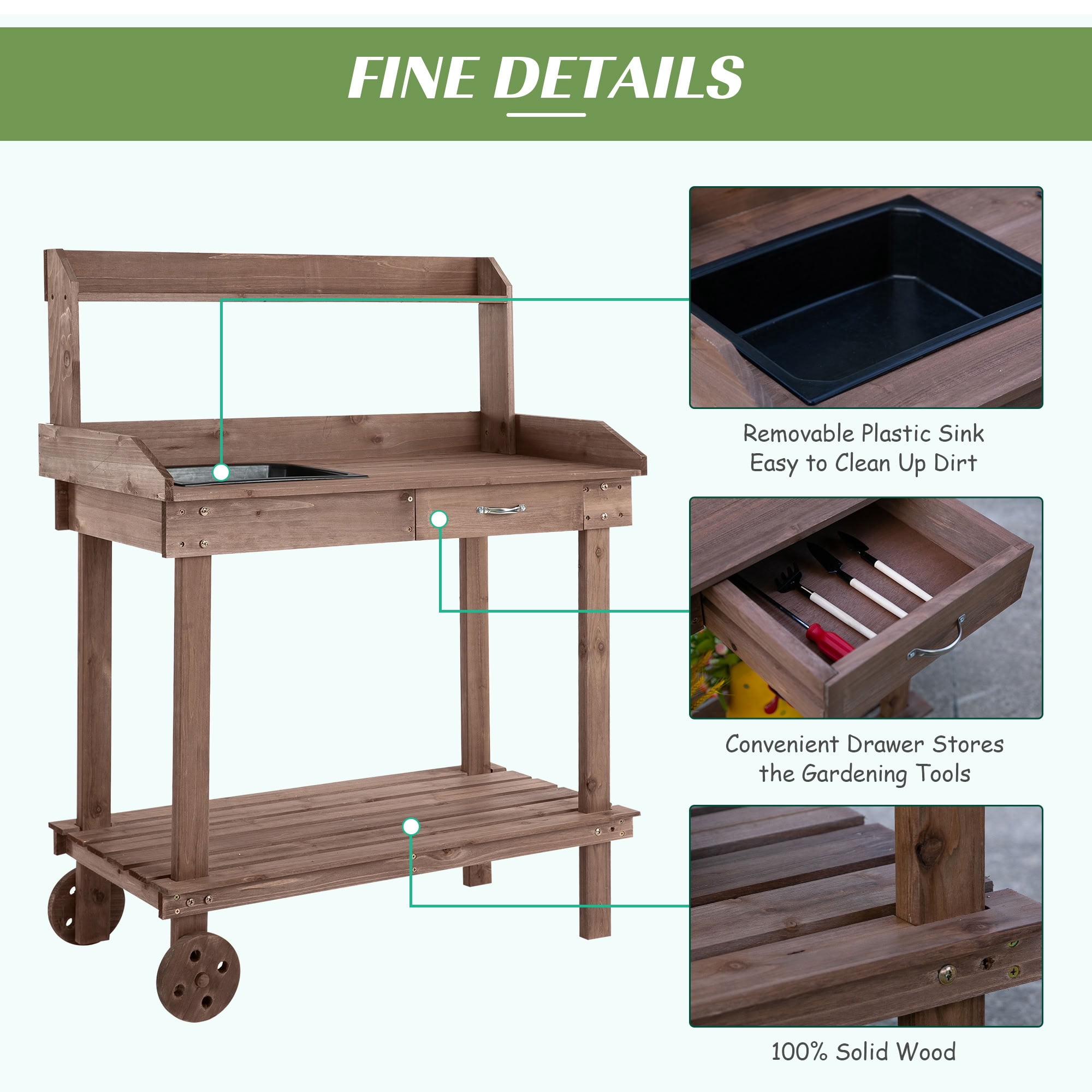 MAYEERTY 36" Wooden Potting Bench, Outdoor Garden Workstation with Removable Wheels, Sink, Drawer for Backyard, Patio, Deck