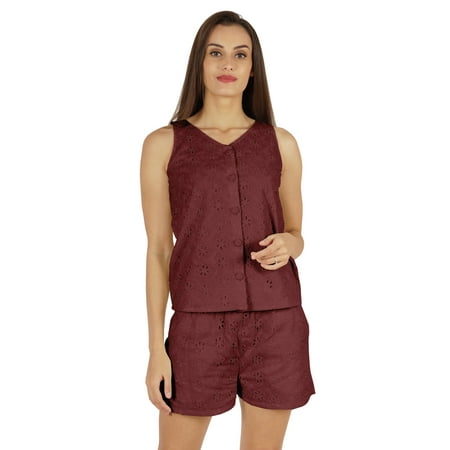 

Bimba Solid Schiffli Top & Short Nightwear Set For Womens Casual 2 pcs Sexy Lounge Sleepwear Set