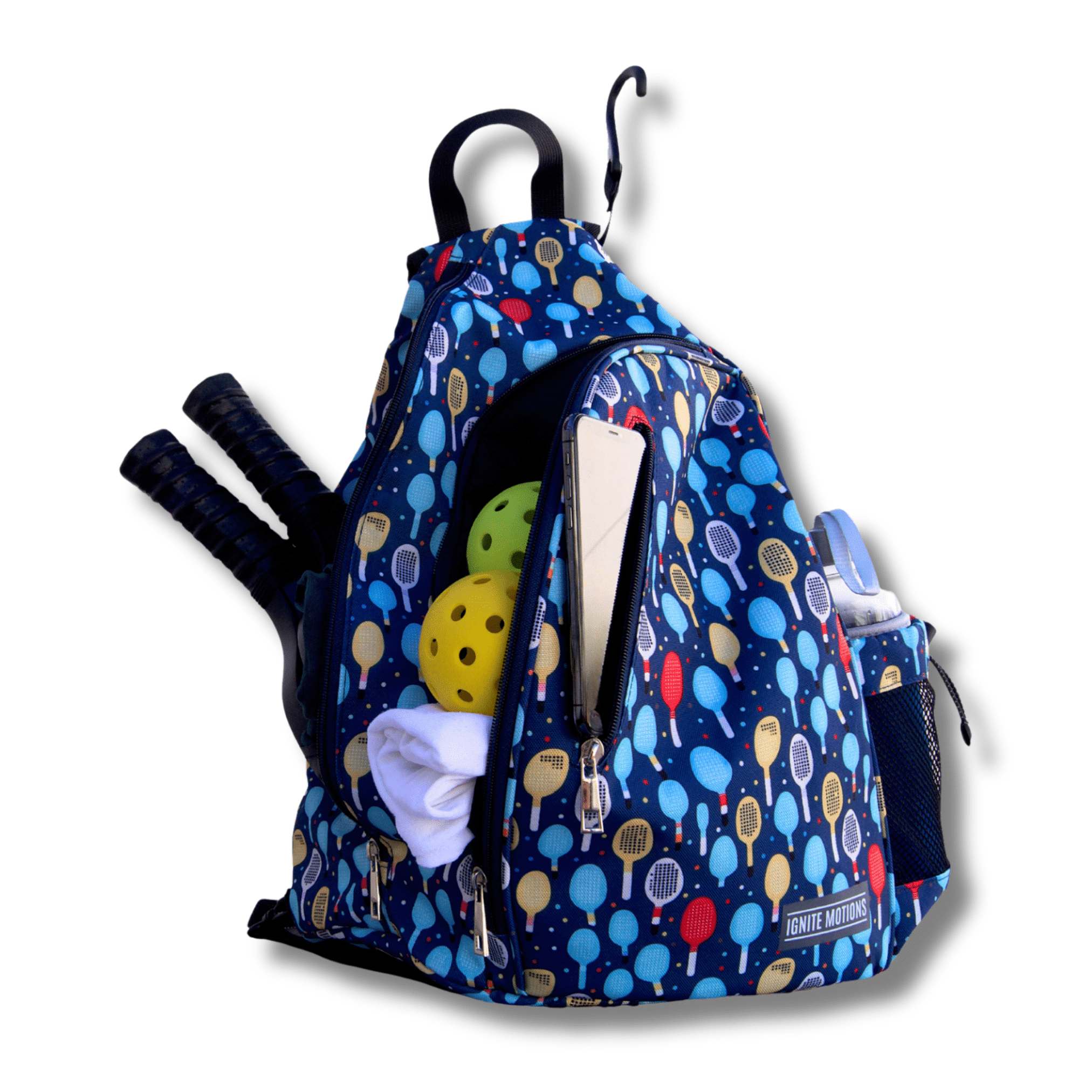 Ignite Motions Pickleball Sling Bag for Women and Men - Backpack with Fence Hook - Crossbody - Waterbottle Holder