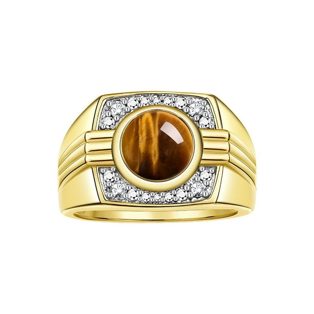RYLOS Mens Rings 14K Yellow Gold Designer Round Gemstone & Sparkling Diamond Ring Tiger Eye November Birthstone Rings For Men, Men's Rings, Gold Rings Sizes 8 - 13