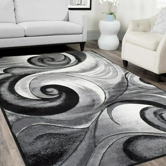 Swirls Abstract Design Modern Contemporary Hand Carved Area Rug-Silver/Gray/Black
